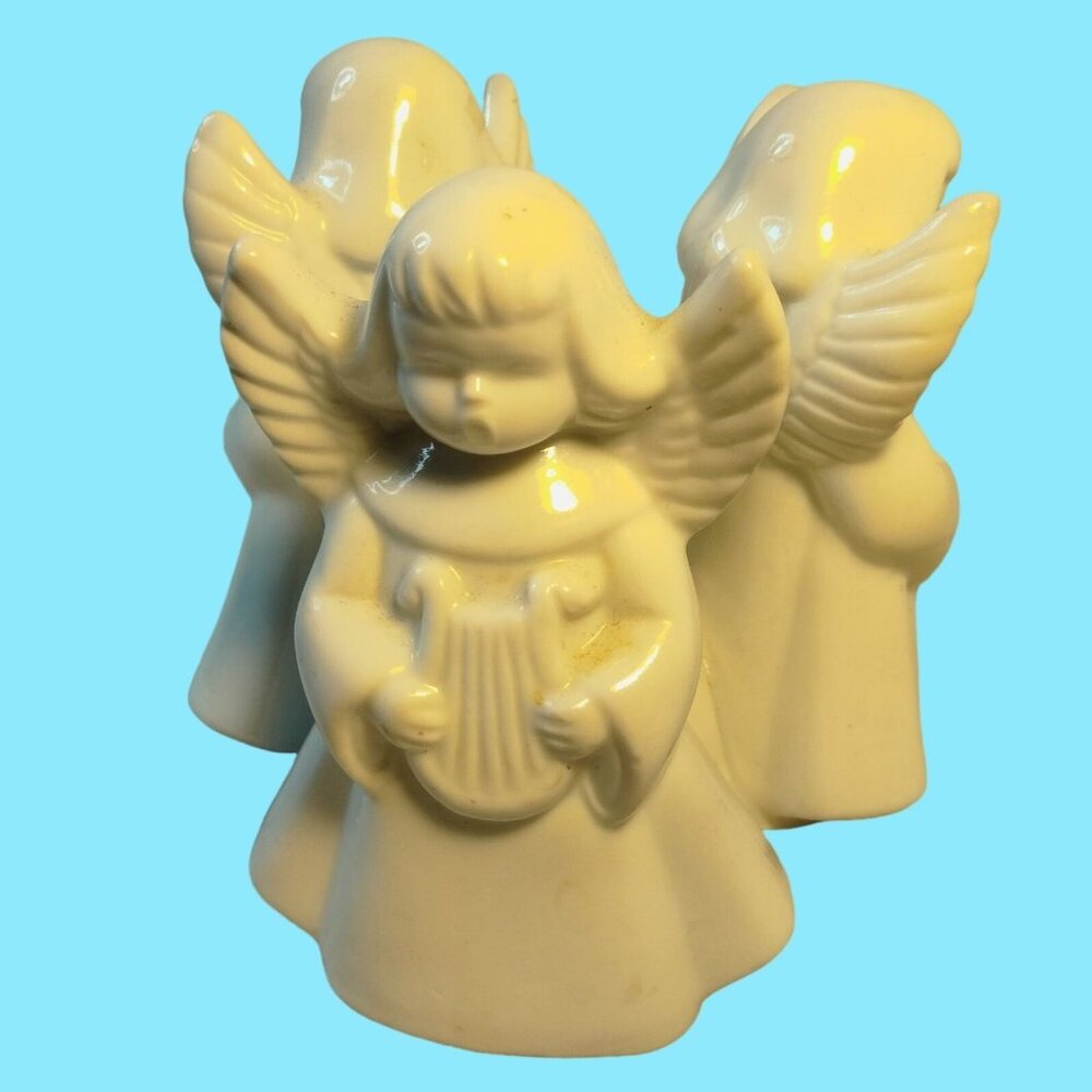 Angel Candle Holder Musician Trio Angels Porcelain Bisque Milk Glass Harp